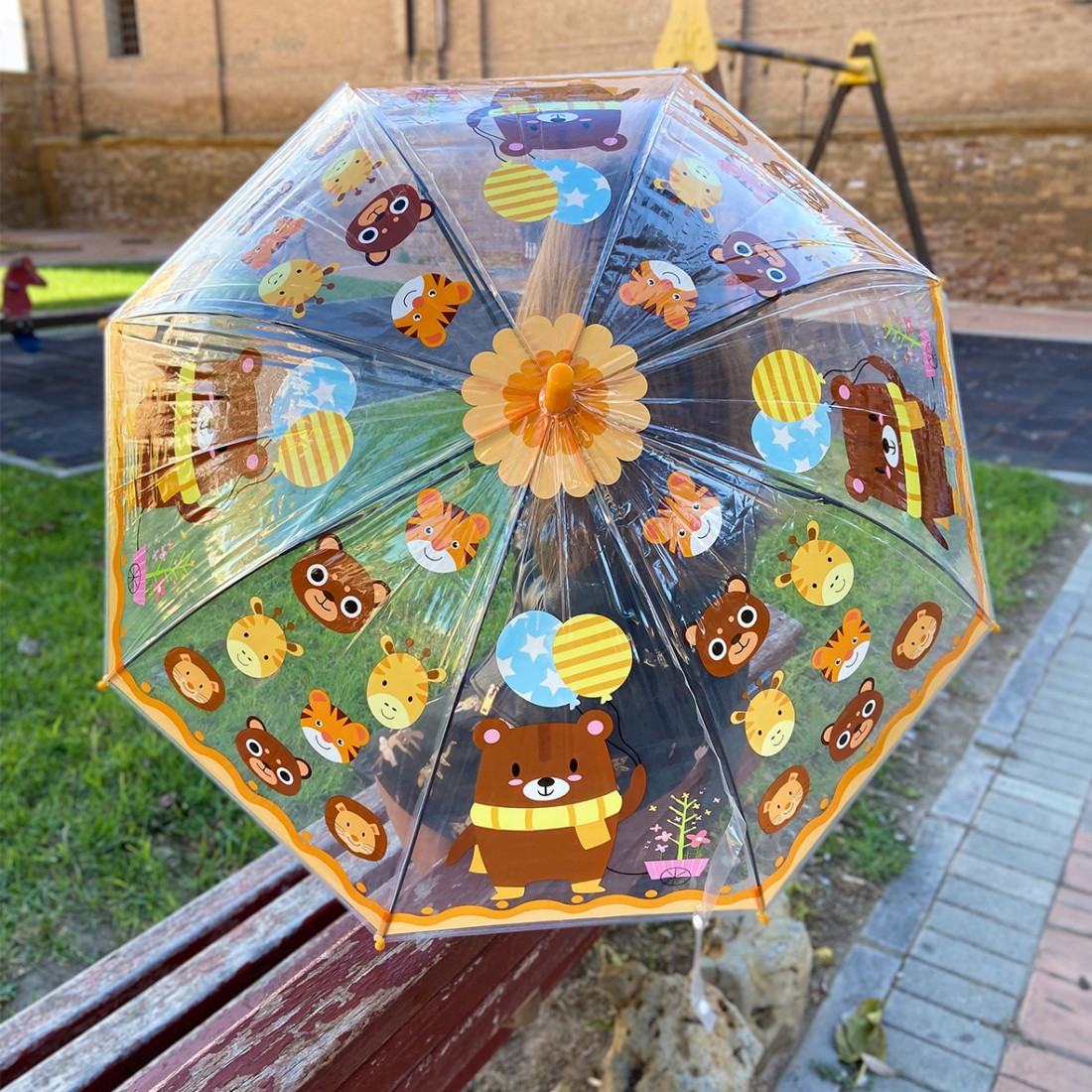 Paraguas infantiles transparentes de animales en naranja