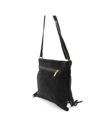 Bolso piel flecos serraje negro