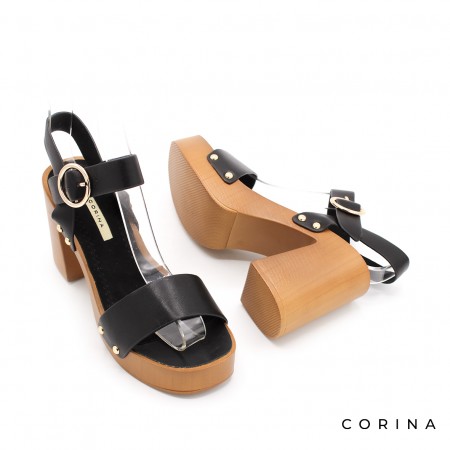 sandalias negras tacón madera