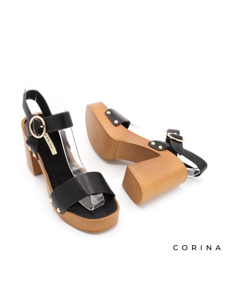 sandalias negras tacón madera