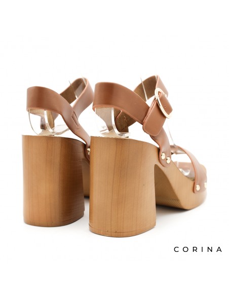 sandalia tacón madera camel