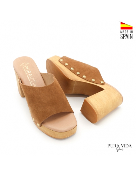 sandalia tacón madera camel