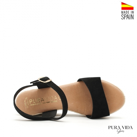 Sandalia negra cuña de piel serraje