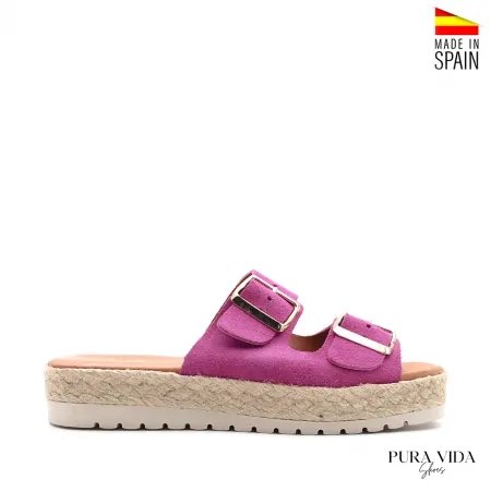 Sandalia hebillas fucsia de serraje