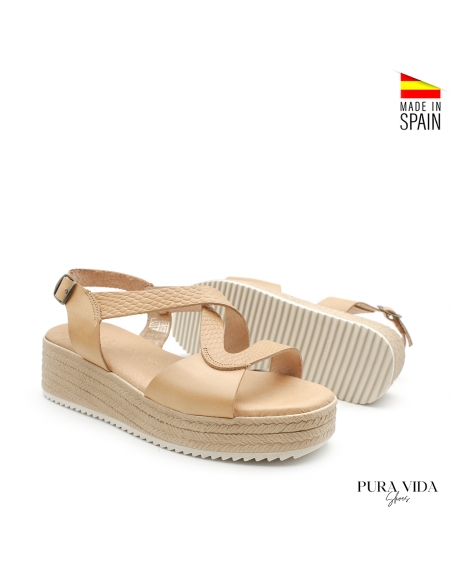 sandalias de piel beige con cuña