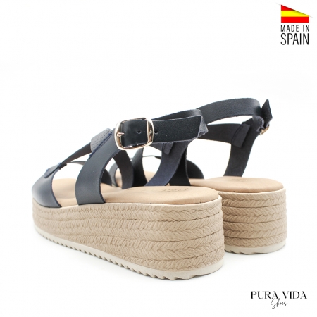 sandalias de piel azul marino con cuña