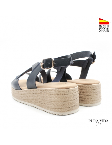 sandalias de piel azul marino con cuña