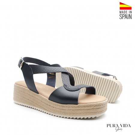 sandalia piel con cuña azul marino