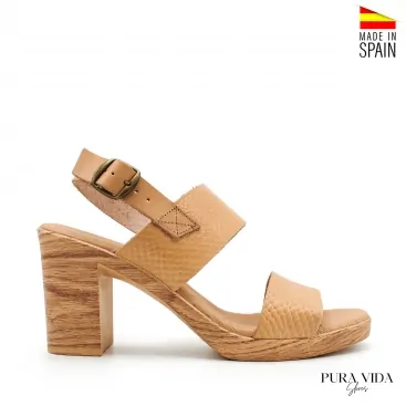Sandalia tacon piel beige doble tira