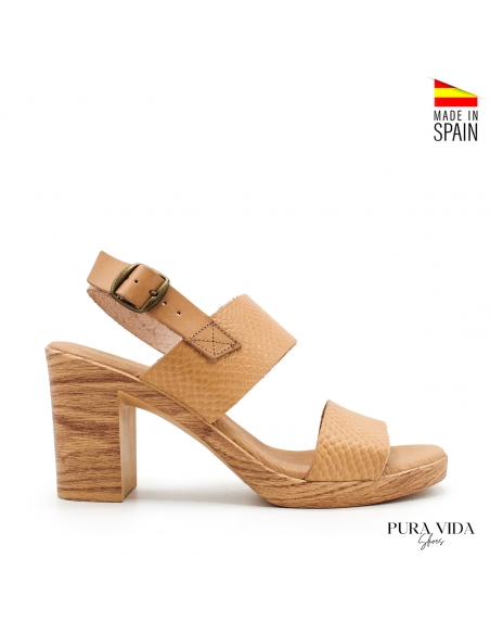 Sandalia tacon piel beige doble tira