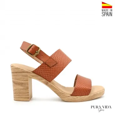 Sandalia tacon piel cuero doble tira