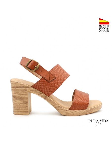 Sandalia tacon piel cuero doble tira