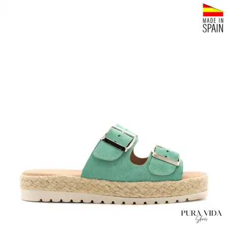 Sandalia hebillas turquesa de serraje