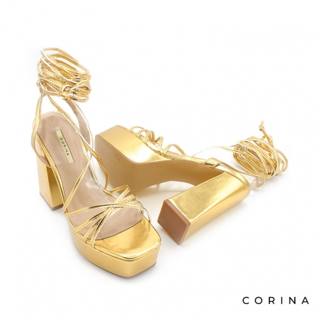 Sandalias de plataforma y tacón en color dorado para atar - Main Image