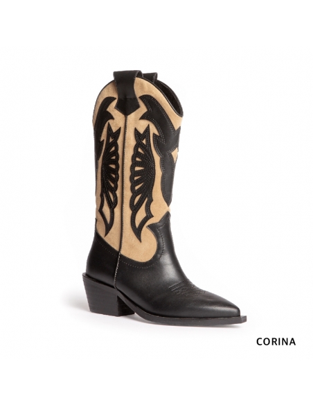 bota cowboy arena y negra