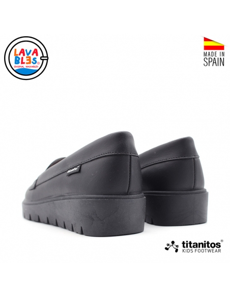 mocasín colegial niña azul marino vista trasera con plataforma de goma