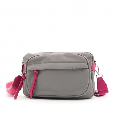 Bolso cruzado gris y fucsia