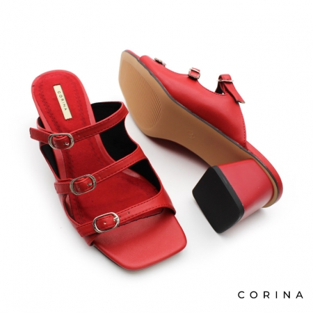 Sandalia hebillas roja con tacón ancho