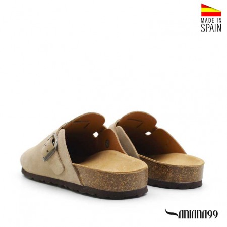 Zueco de piel serraje taupe Santana99 con plantilla anatómica vista trasera.