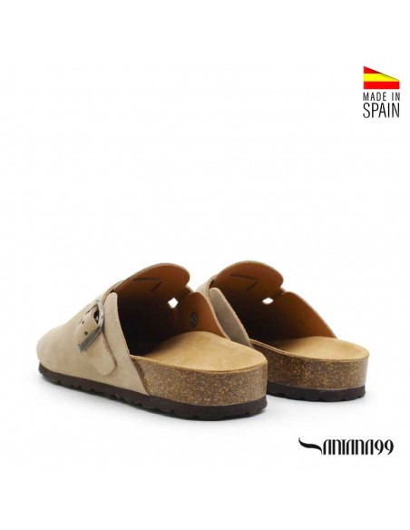 Zueco de piel serraje taupe Santana99 con plantilla anatómica vista trasera.