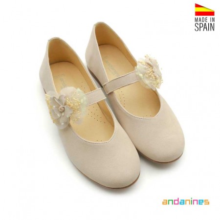 Merceditas Comunión niña beige Andanines de ante piel