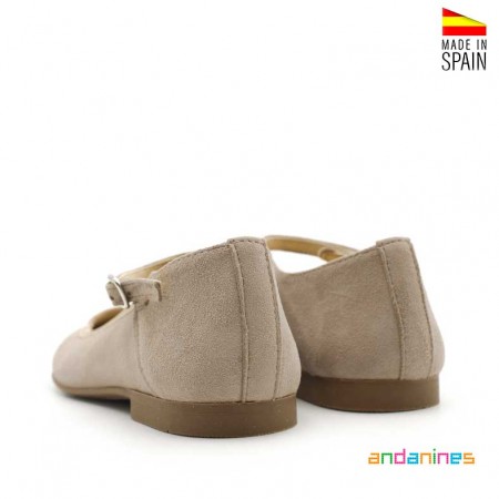 Merceditas de ante para niña Andanines color taupe vista trasera y talón reforzado
