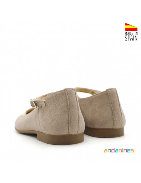 Merceditas de ante para niña Andanines color taupe vista trasera y talón reforzado