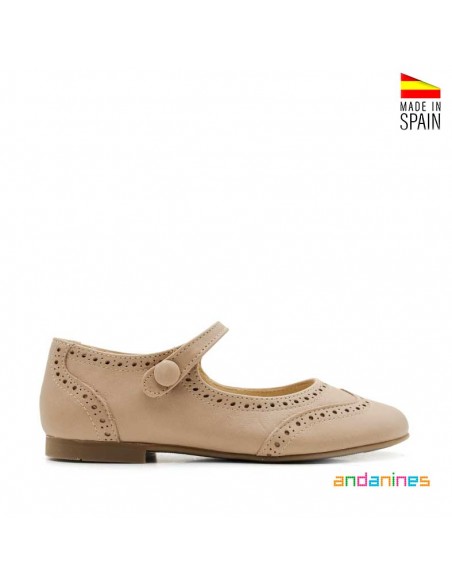 Zapatos elegantes para niñas en piel taupe con calado brogue Andanines