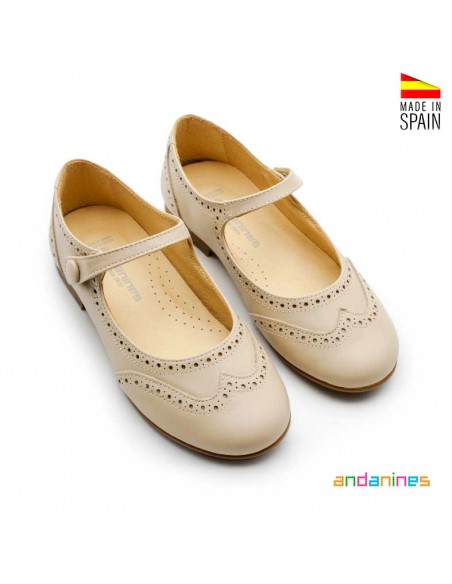 Mercedita beige brogue inglesa niña en piel con cierre de clic Andanines
