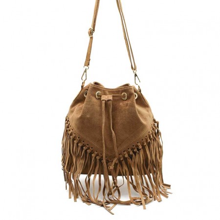Bolso Camel Piel Con Flecos