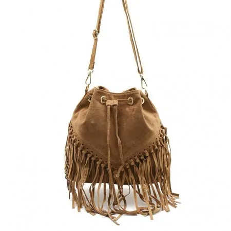 Bolso Camel Piel Con Flecos