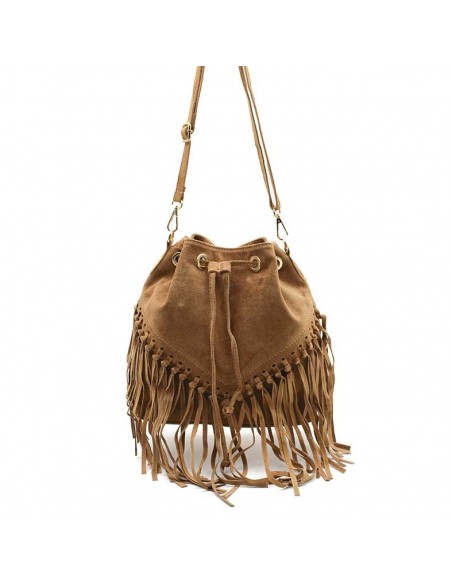 Bolso Camel Piel Con Flecos
