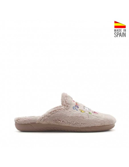 Zapatilla de casa mujer invierno beige vista lateral con tejido suave