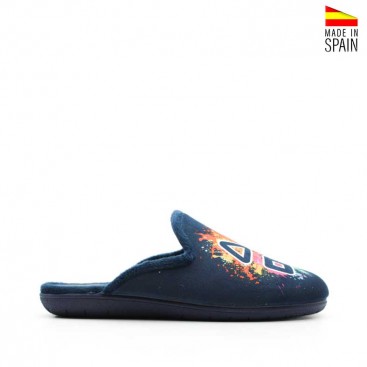 Zapatilla de casa con mando gamer azul marino vista lateral