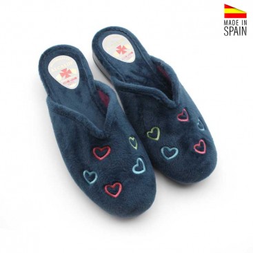 Zapatilla casa mujer con cuña azul marino y corazones