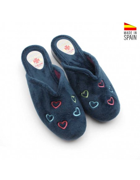 Zapatilla casa mujer con cuña azul marino y corazones