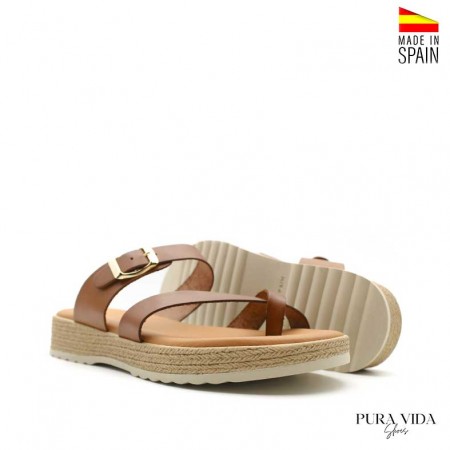 sandalia comoda piel camel mujer