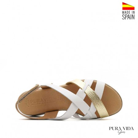 sandalia cuña mujer blanca Aura Pura Vida piel con plantilla gel