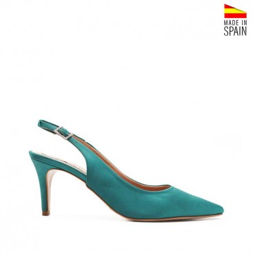 Zapato destalonado turquesa de raso con tacón