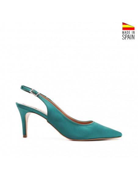 Zapato destalonado turquesa de raso con tacón