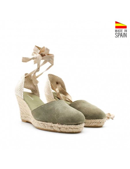 alpargatas de cuña verde caqui con esparto beige