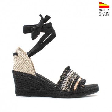sandalia boho cuña negra con esparto