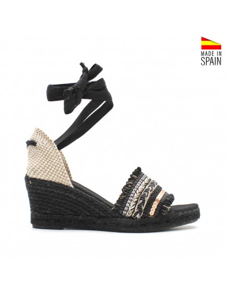 sandalia boho cuña negra con esparto