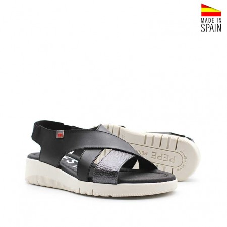 sandalia negra cuña baja mujer