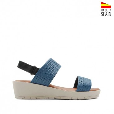 sandalia cuña azul de piel