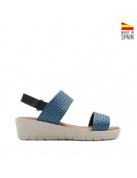 sandalia cuña azul de piel