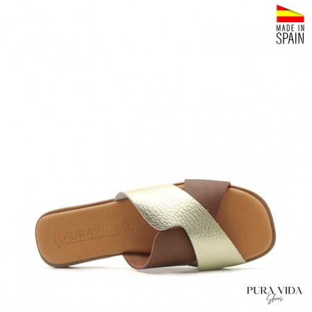 Sandalias planas de verano mujer en piel marrón y dorado Pura Vida Shoes