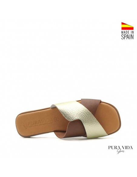 Sandalias planas de verano mujer en piel marrón y dorado Pura Vida Shoes