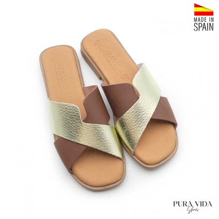 sandalias planas mujer piel marrón y dorado