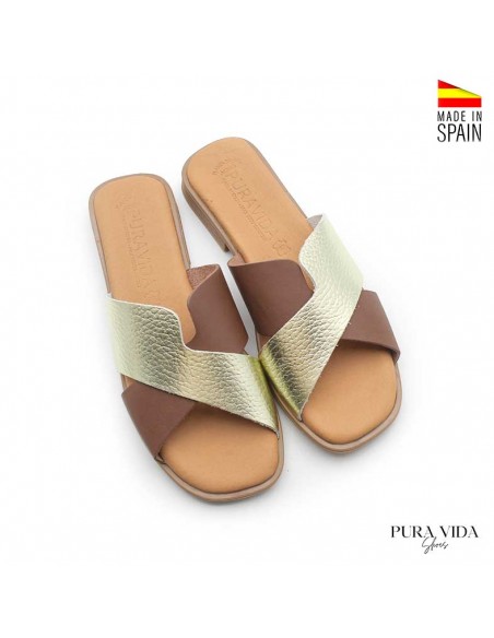 sandalias planas mujer piel marrón y dorado